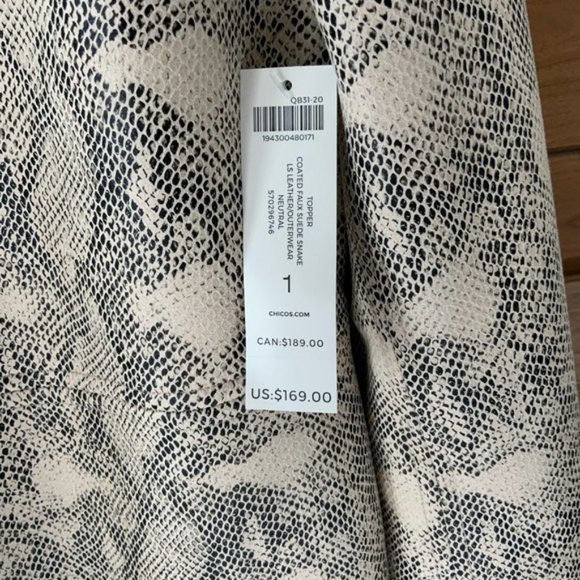 Chico's $169 Faux-Suede Snake-Print Topper Beige Tan 1 10 12 - Picture 5 of 10